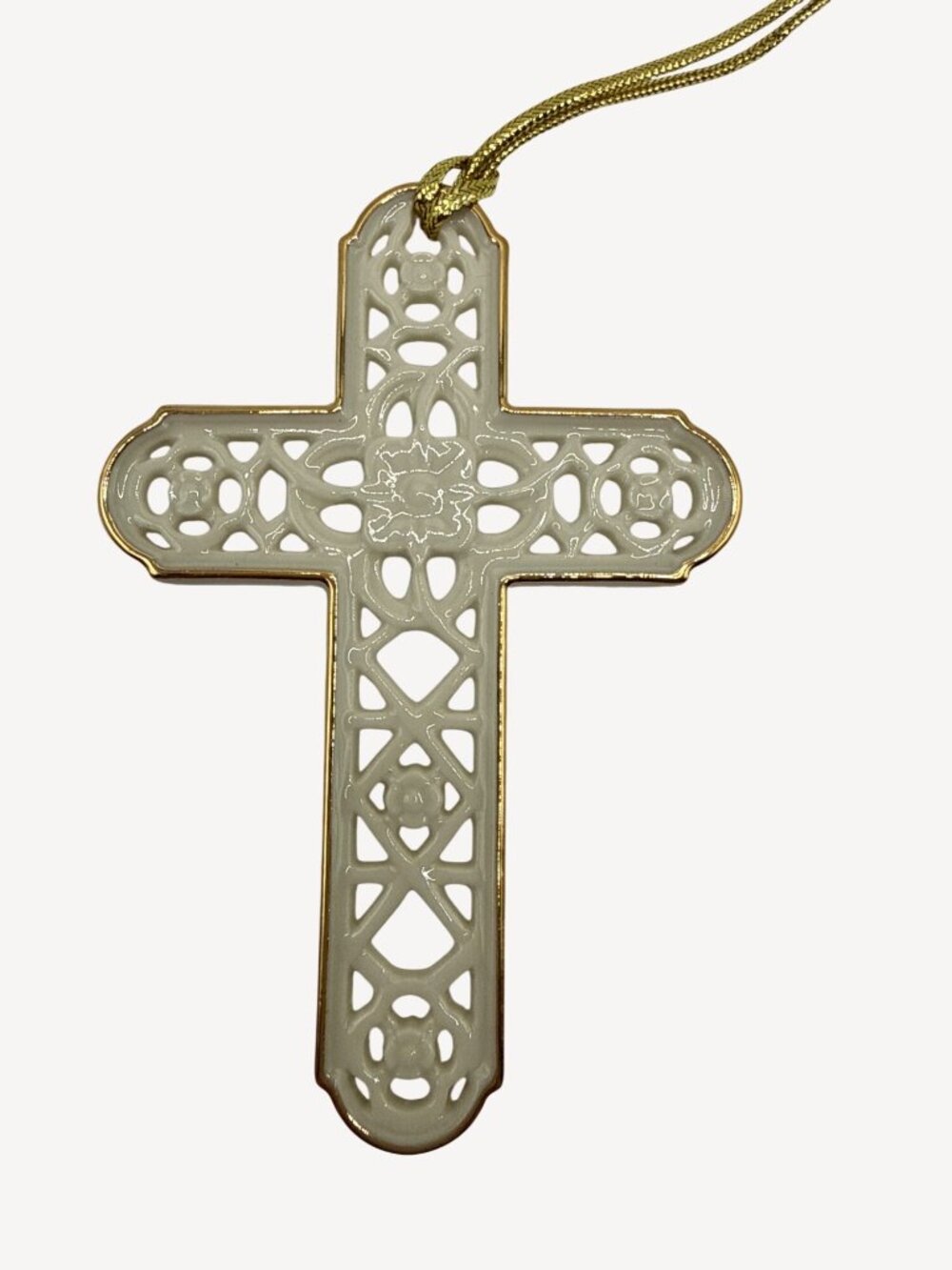 Vintage Lenox Christmas Ornament Porcelain Cross 3"x4" Gold Trim Latticework Box - Picture 4 of 5